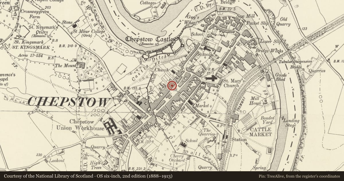 Ordnance Survey six-inch map, 2nd edition (1888–1913) covering the location of 11 Beaufort Square, Chepstow, Monmouthshire, with a pin at the register's coordinates
