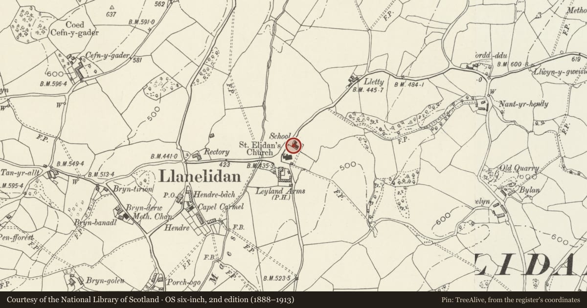 Ordnance Survey six-inch map, 2nd edition (1888–1913) covering the location of Village School and Master's House, Llanelidan, Denbighshire, with a pin at the register's coordinates