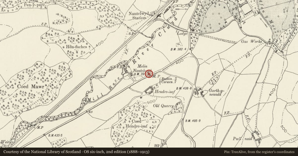 Ordnance Survey six-inch map, 2nd edition (1888–1913) covering the location of Milestone, Llanelidan, Denbighshire, with a pin at the register's coordinates
