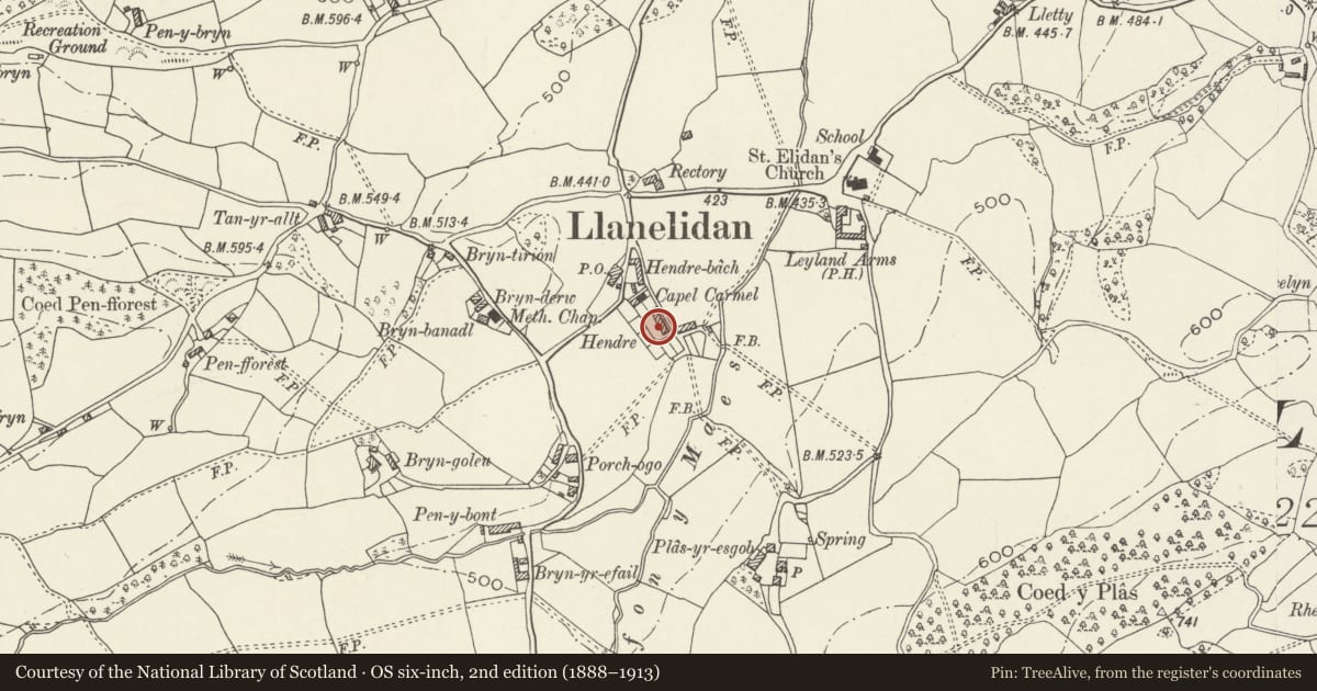 Ordnance Survey six-inch map, 2nd edition (1888–1913) covering the location of 2, Hendre Cottages, Llanelidan, Denbighshire, with a pin at the register's coordinates