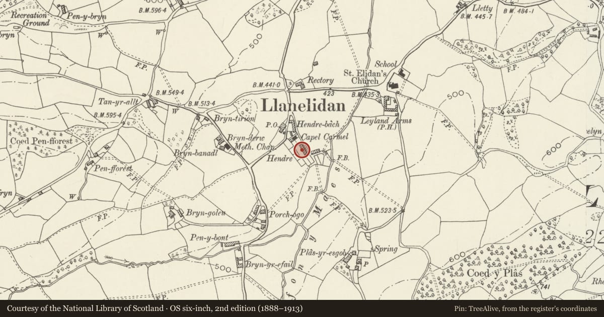 Ordnance Survey six-inch map, 2nd edition (1888–1913) covering the location of 3, Hendre Cottages, Llanelidan, Denbighshire, with a pin at the register's coordinates