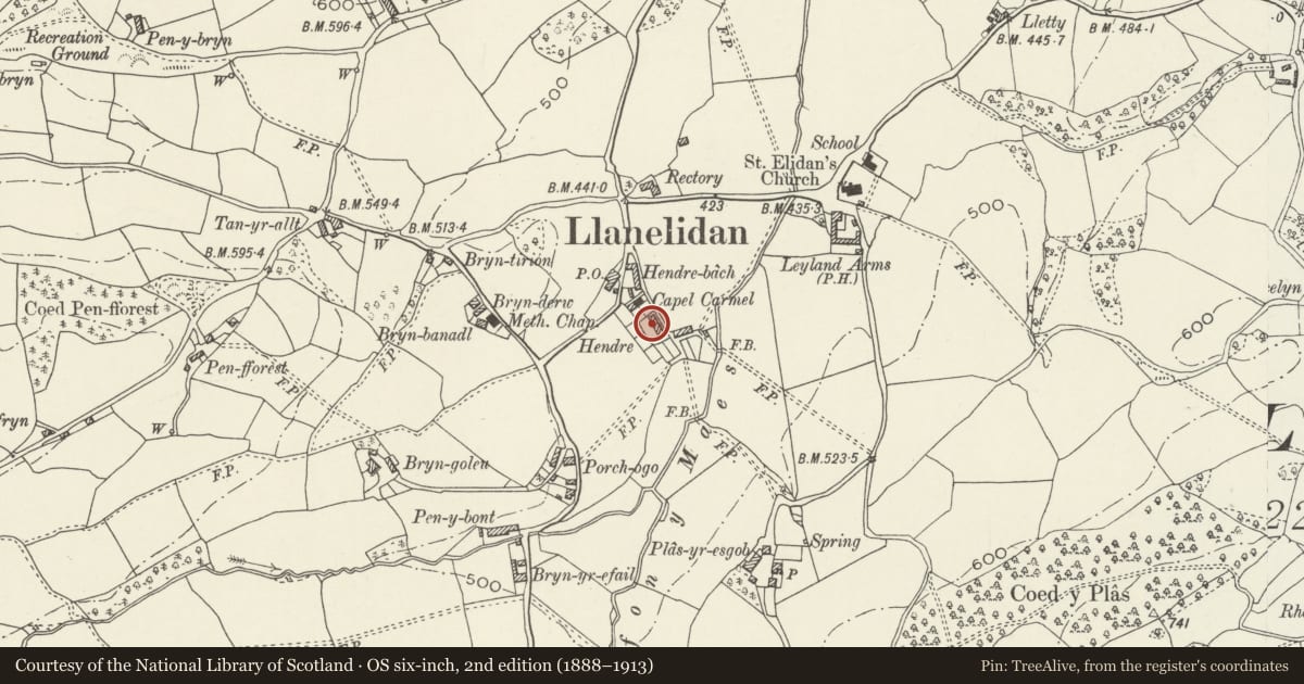Ordnance Survey six-inch map, 2nd edition (1888–1913) covering the location of 4, Hendre Cottages, Llanelidan, Denbighshire, with a pin at the register's coordinates