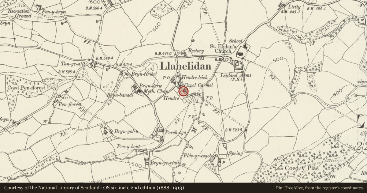 Ordnance Survey six-inch map, 2nd edition (1888–1913) covering the location of 5, Hendre Cottages, Llanelidan, Denbighshire, with a pin at the register's coordinates