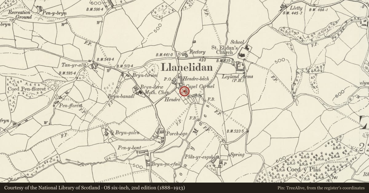 Ordnance Survey six-inch map, 2nd edition (1888–1913) covering the location of 6, Hendre Cottages, Llanelidan, Denbighshire, with a pin at the register's coordinates