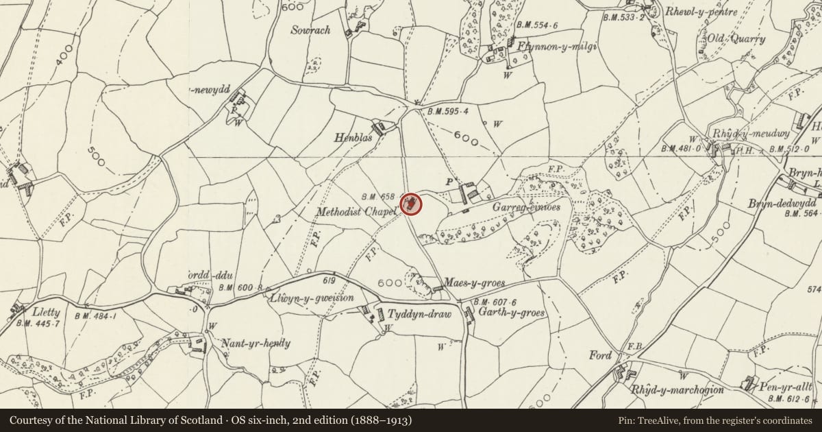 Ordnance Survey six-inch map, 2nd edition (1888–1913) covering the location of 1 Capel Wesley (Cottage attached to Seion Chapel), Llanelidan, Denbighshire, with a pin at the register's coordinates
