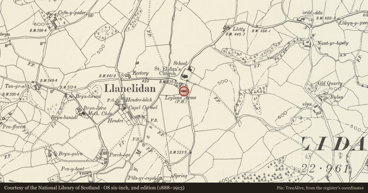Ordnance Survey six-inch map, 2nd edition (1888–1913) covering the location of Cottage and farm buildings at rear of Leyland Arms PH, Llanelidan, Denbighshire, with a pin at the register's coordinates