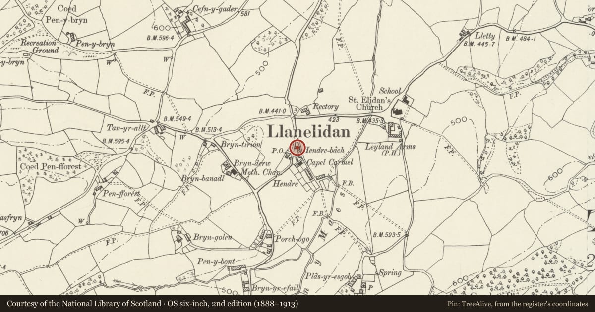 Ordnance Survey six-inch map, 2nd edition (1888–1913) covering the location of 2, Hendre Bach, Llanelidan, Denbighshire, with a pin at the register's coordinates
