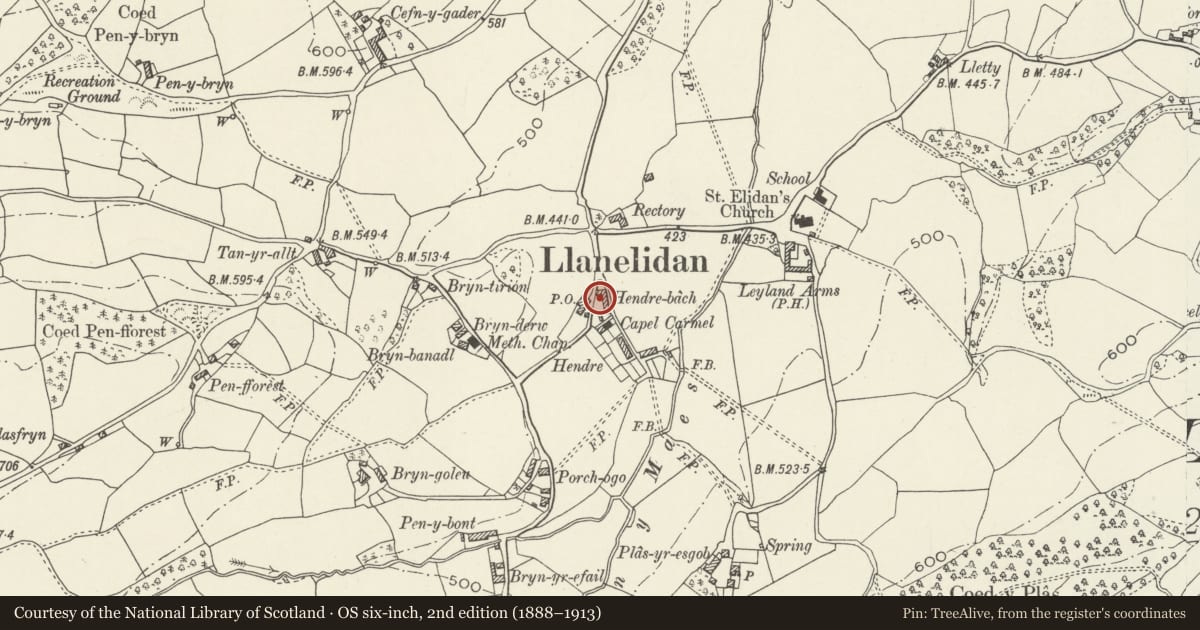 Ordnance Survey six-inch map, 2nd edition (1888–1913) covering the location of 3, Hendre Bach, Llanelidan, Denbighshire, with a pin at the register's coordinates