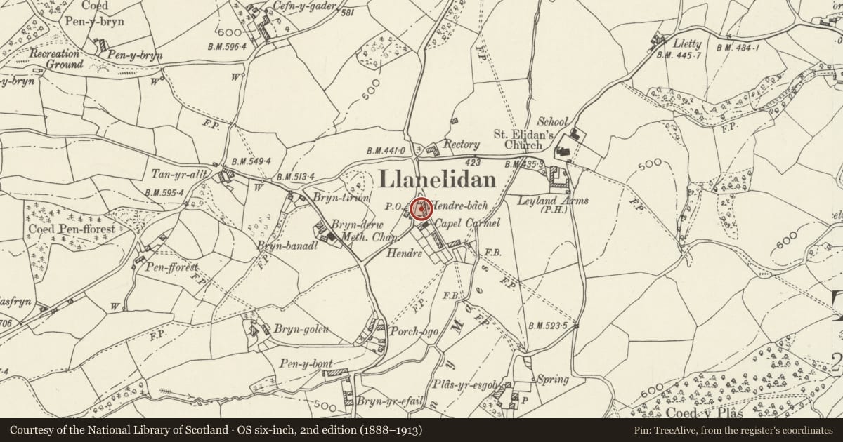 Ordnance Survey six-inch map, 2nd edition (1888–1913) covering the location of 4, Hendre Bach, Llanelidan, Denbighshire, with a pin at the register's coordinates