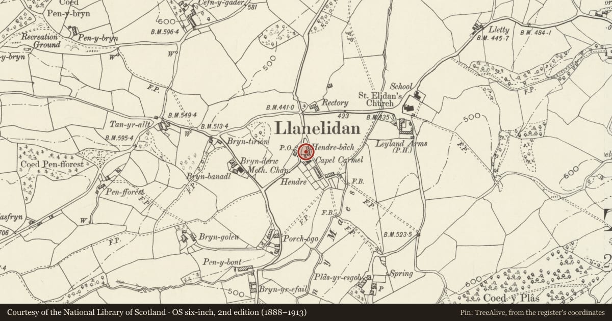 Ordnance Survey six-inch map, 2nd edition (1888–1913) covering the location of 5, Hendre Bach, Llanelidan, Denbighshire, with a pin at the register's coordinates