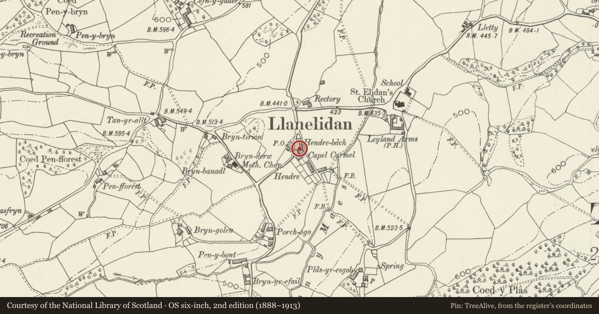 Ordnance Survey six-inch map, 2nd edition (1888–1913) covering the location of 6, Hendre Bach, Llanelidan, Denbighshire, with a pin at the register's coordinates