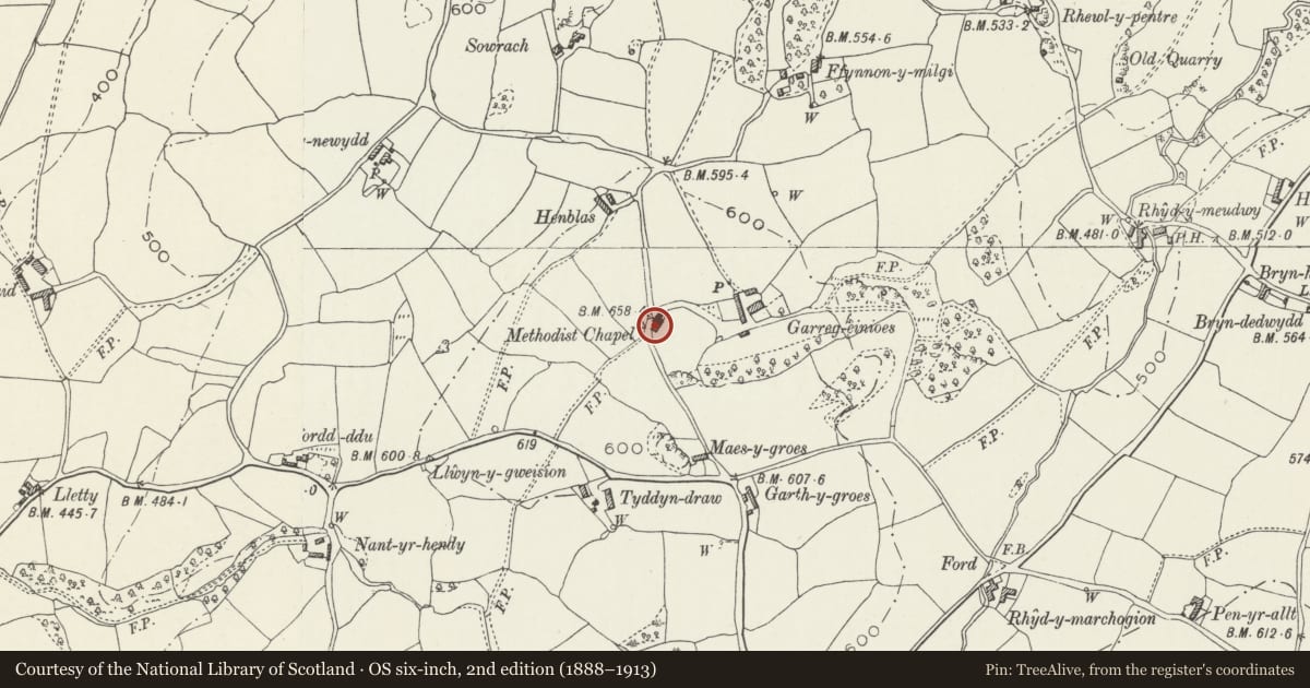 Ordnance Survey six-inch map, 2nd edition (1888–1913) covering the location of 2 Capel Wesley (Cottage attached to Seion Chapel), Llanelidan, Denbighshire, with a pin at the register's coordinates