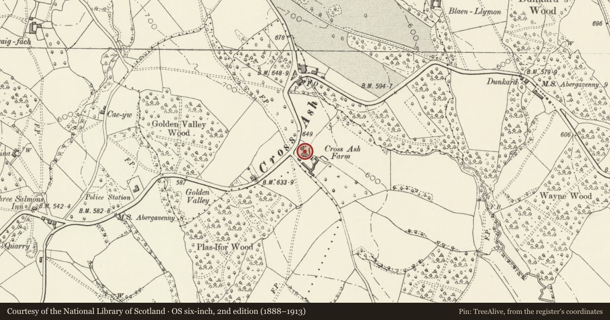 Ordnance Survey six-inch map, 2nd edition (1888–1913) covering the location of Cross Ash Farmhouse, Skenfrith, Monmouthshire, with a pin at the register's coordinates