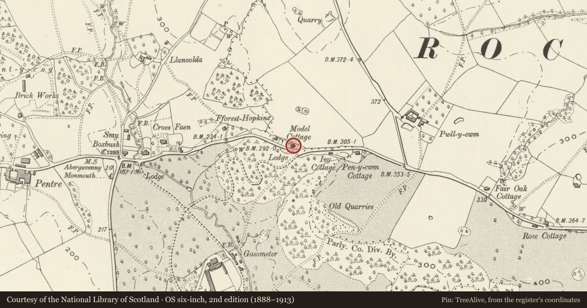 Ordnance Survey six-inch map, 2nd edition (1888–1913) covering the location of Model Cottage, Whitecastle, Monmouthshire, with a pin at the register's coordinates