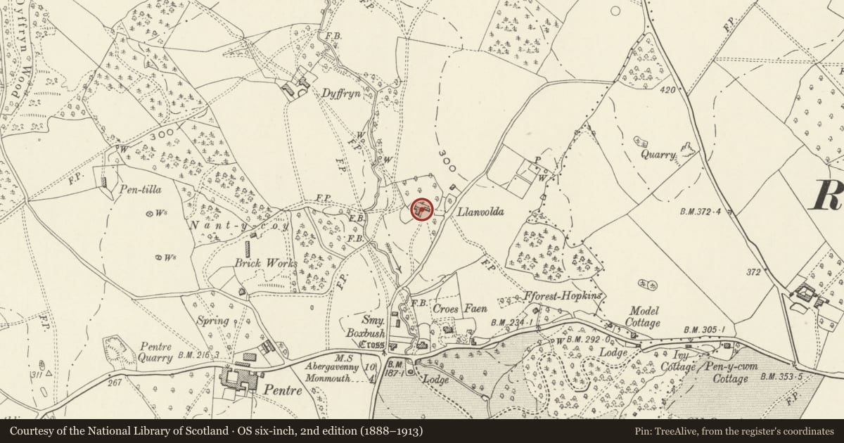 Ordnance Survey six-inch map, 2nd edition (1888–1913) covering the location of Llanvolda Farmhouse, Whitecastle, Monmouthshire, with a pin at the register's coordinates