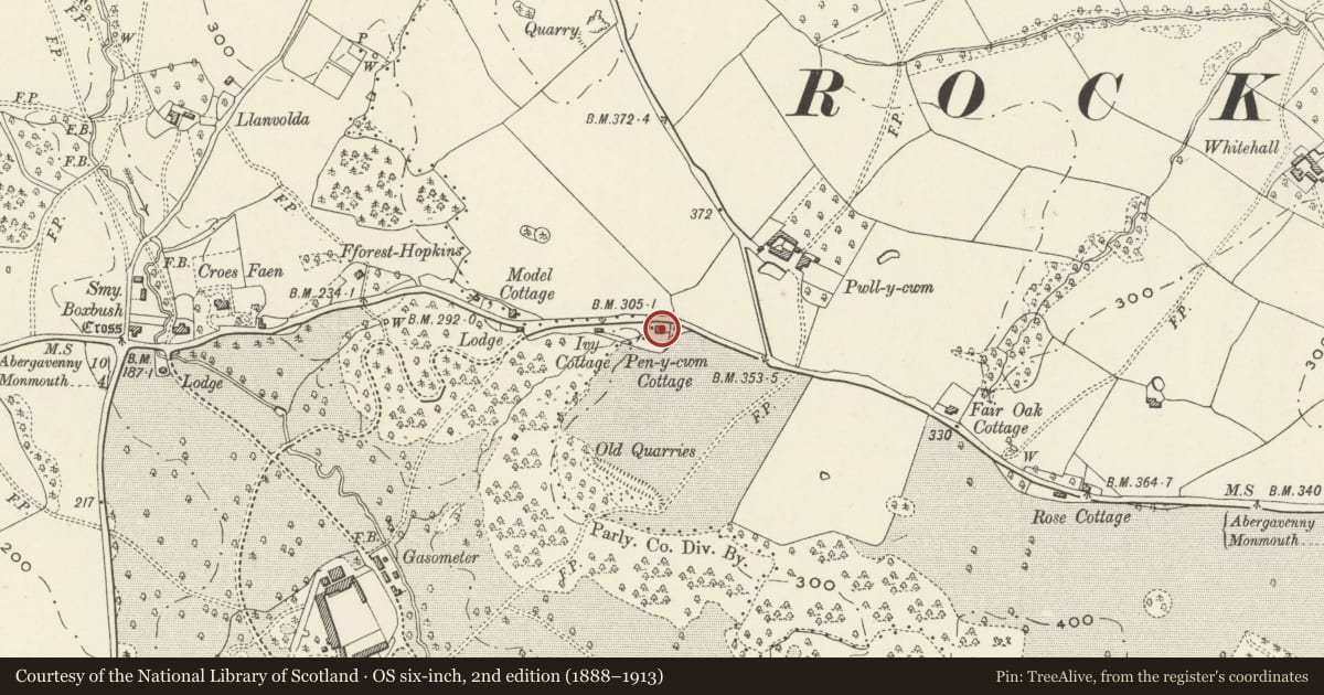 Ordnance Survey six-inch map, 2nd edition (1888–1913) covering the location of Pen-y-cwm, Whitecastle, Monmouthshire, with a pin at the register's coordinates