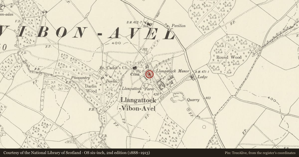 Ordnance Survey six-inch map, 2nd edition (1888–1913) covering the location of Llangattock Manor with its associated garden terrace, Whitecastle, Monmouthshire, with a pin at the register's coordinates