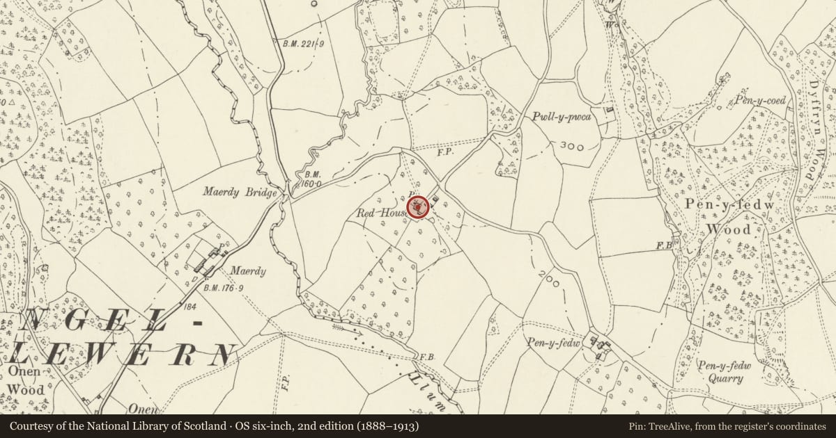 Ordnance Survey six-inch map, 2nd edition (1888–1913) covering the location of Red House Farmhouse, Whitecastle, Monmouthshire, with a pin at the register's coordinates