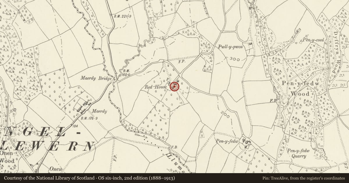 Ordnance Survey six-inch map, 2nd edition (1888–1913) covering the location of Stable to E of Red House Farmhouse, Whitecastle, Monmouthshire, with a pin at the register's coordinates