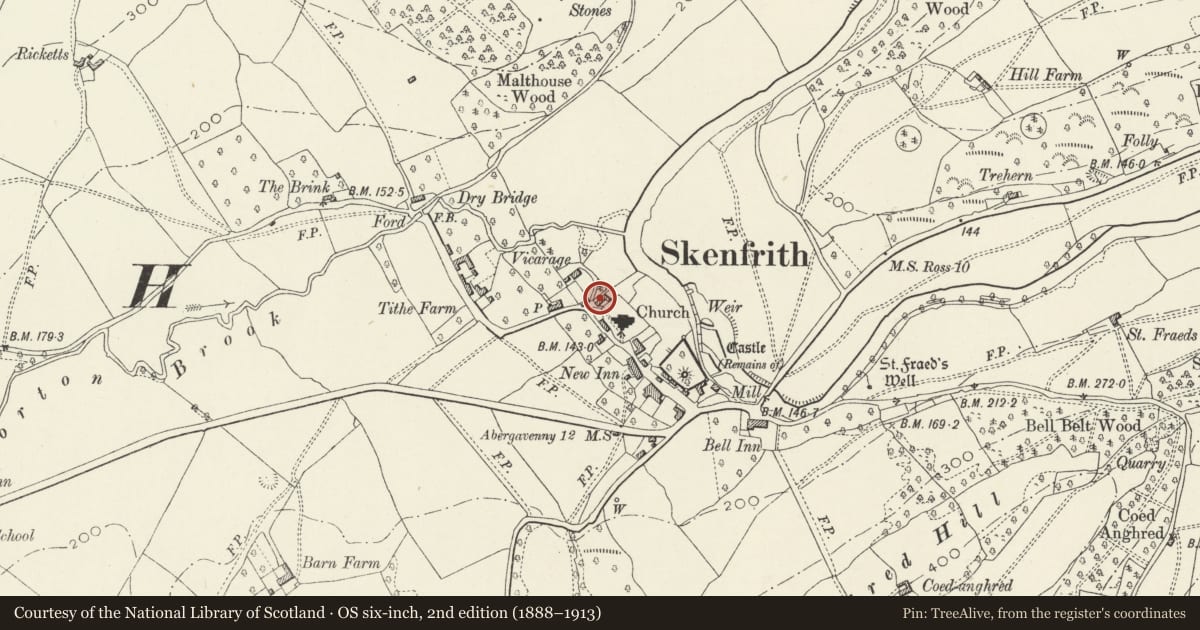 Ordnance Survey six-inch map, 2nd edition (1888–1913) covering the location of Monnow Villa, Skenfrith, Monmouthshire, with a pin at the register's coordinates