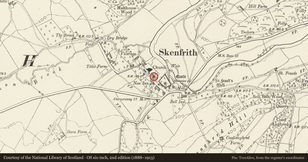 Ordnance Survey six-inch map, 2nd edition (1888–1913) covering the location of The Old Shop, Skenfrith, Monmouthshire, with a pin at the register's coordinates