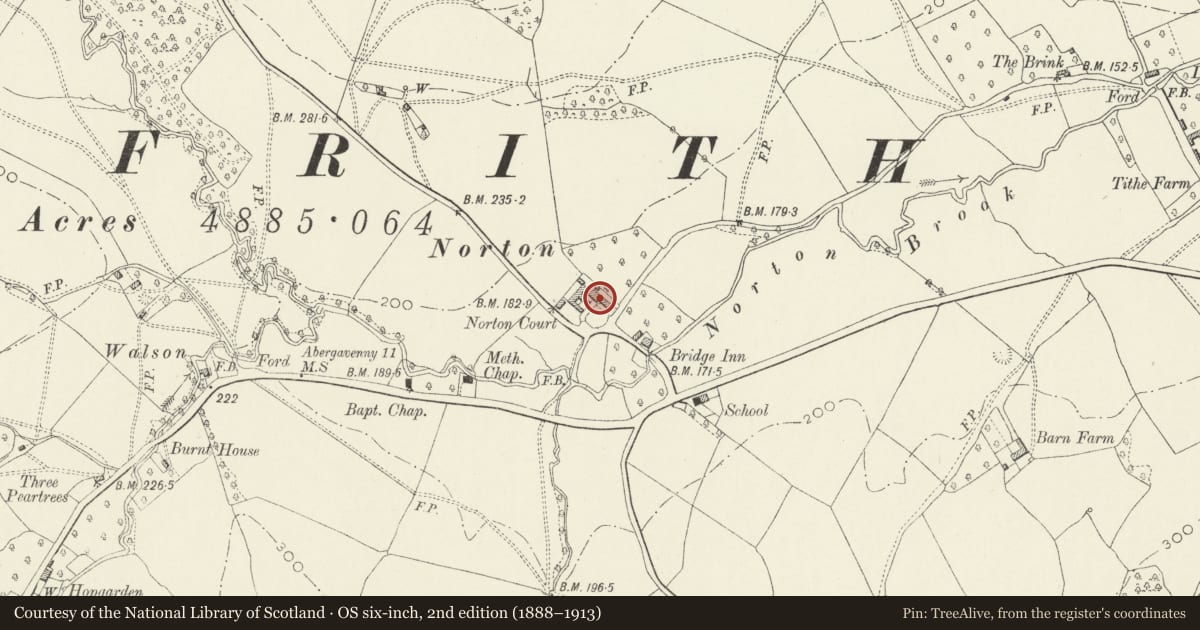 Ordnance Survey six-inch map, 2nd edition (1888–1913) covering the location of Norton Court, Skenfrith, Monmouthshire, with a pin at the register's coordinates