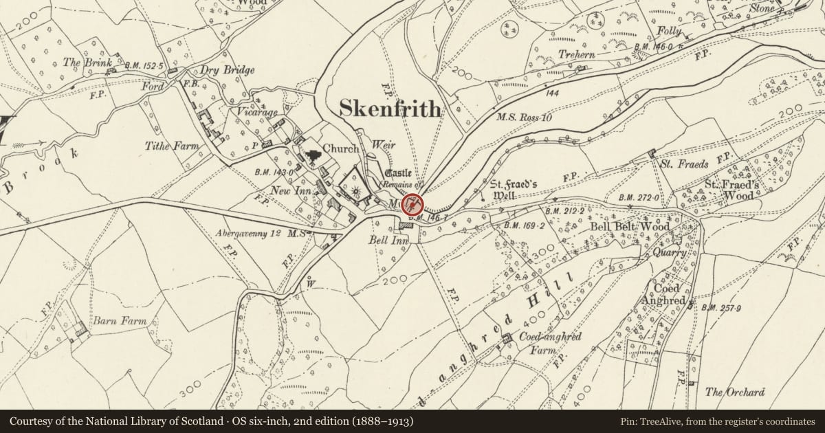 Ordnance Survey six-inch map, 2nd edition (1888–1913) covering the location of Skenfrith Bridge, Monmouthshire, with a pin at the register's coordinates