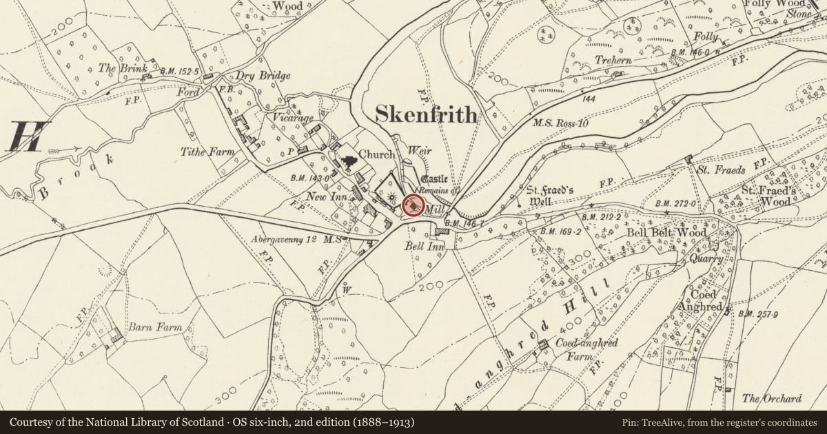 Ordnance Survey six-inch map, 2nd edition (1888–1913) covering the location of Skenfrith Mill, Monmouthshire, with a pin at the register's coordinates