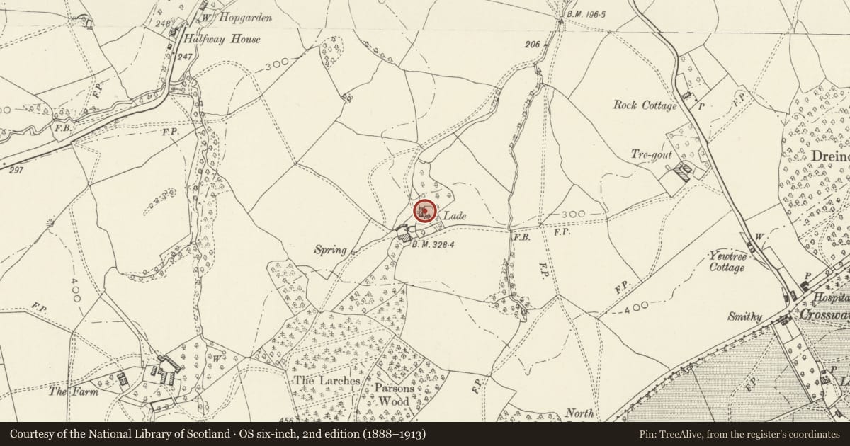 Ordnance Survey six-inch map, 2nd edition (1888–1913) covering the location of Lade Farmhouse, Whitecastle, Monmouthshire, with a pin at the register's coordinates