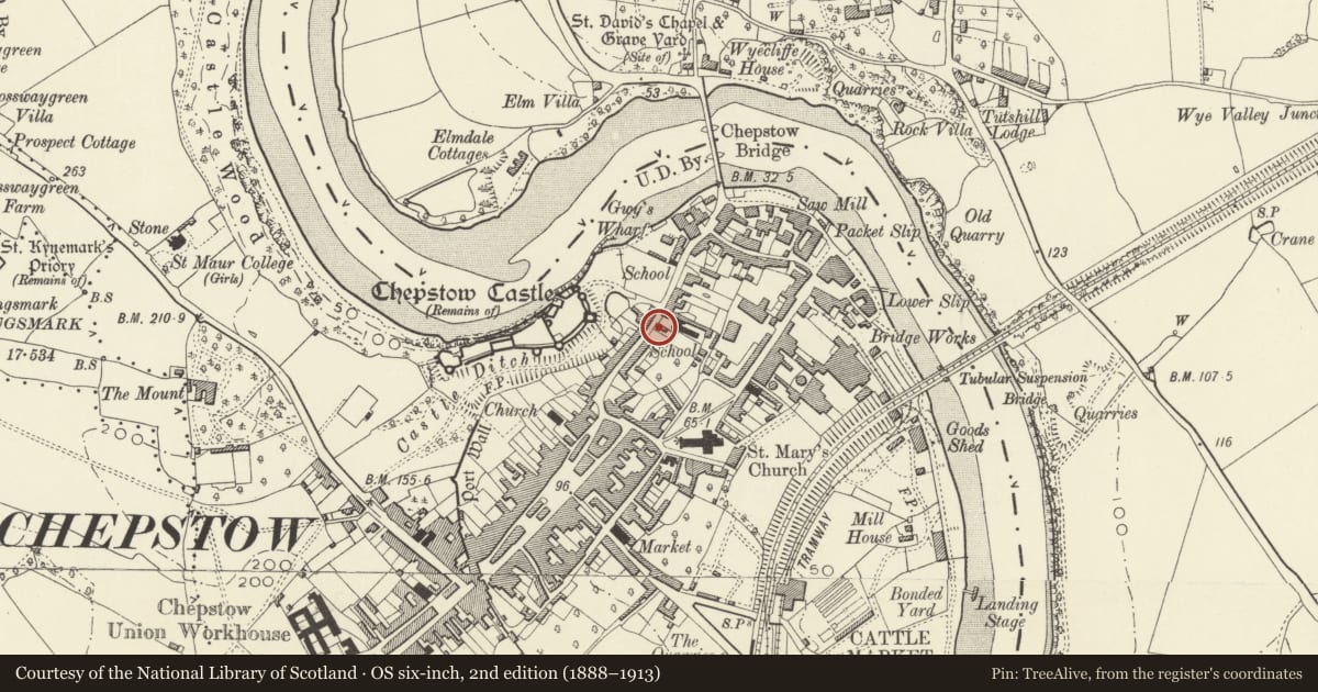 Ordnance Survey six-inch map, 2nd edition (1888–1913) covering the location of Cromwell House, Chepstow, Monmouthshire, with a pin at the register's coordinates