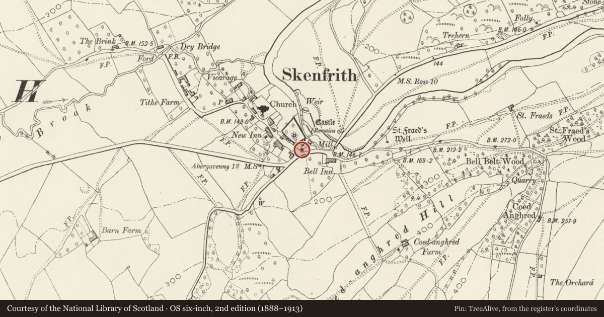 Ordnance Survey six-inch map, 2nd edition (1888–1913) covering the location of War Memorial to S of Skenfrith Castle, Monmouthshire, with a pin at the register's coordinates