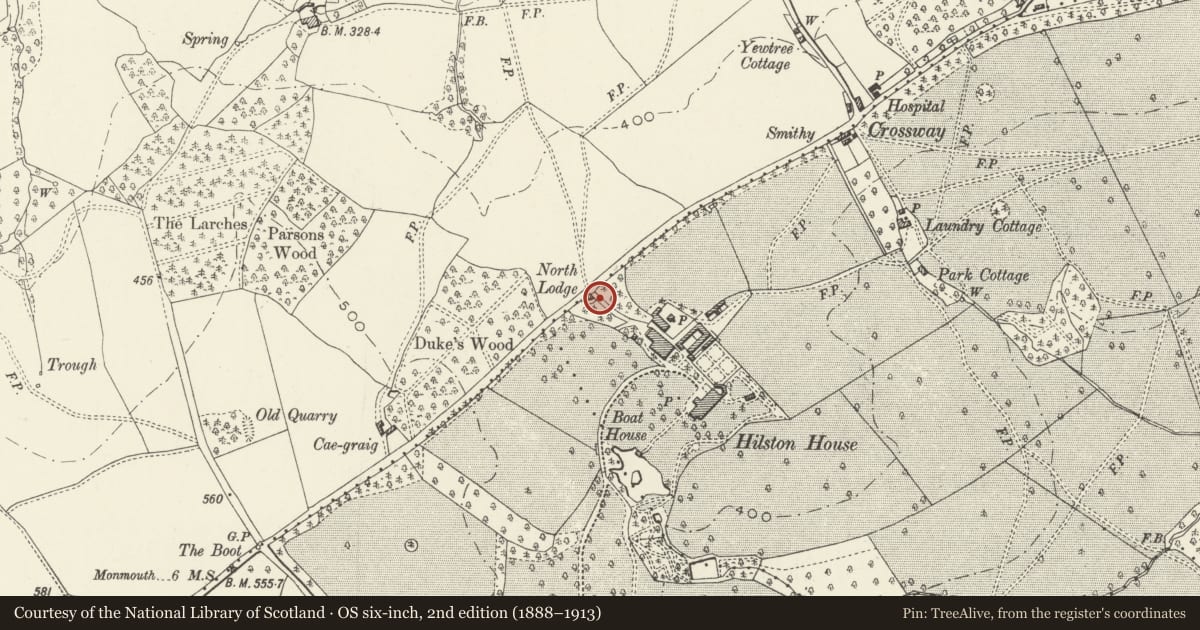 Ordnance Survey six-inch map, 2nd edition (1888–1913) covering the location of North Lodge to Hilston House, with attached gate piers and gates, Whitecastle, Monmouthshire, with a pin at the register's coordinates