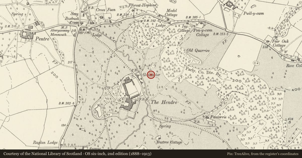Ordnance Survey six-inch map, 2nd edition (1888–1913) covering the location of Garden View, Whitecastle, Monmouthshire, with a pin at the register's coordinates