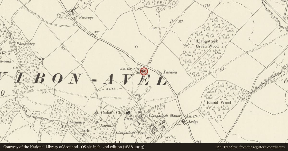 Ordnance Survey six-inch map, 2nd edition (1888–1913) covering the location of Bryn Heulwen and Monmouth Montessori School, Whitecastle, Monmouthshire, with a pin at the register's coordinates