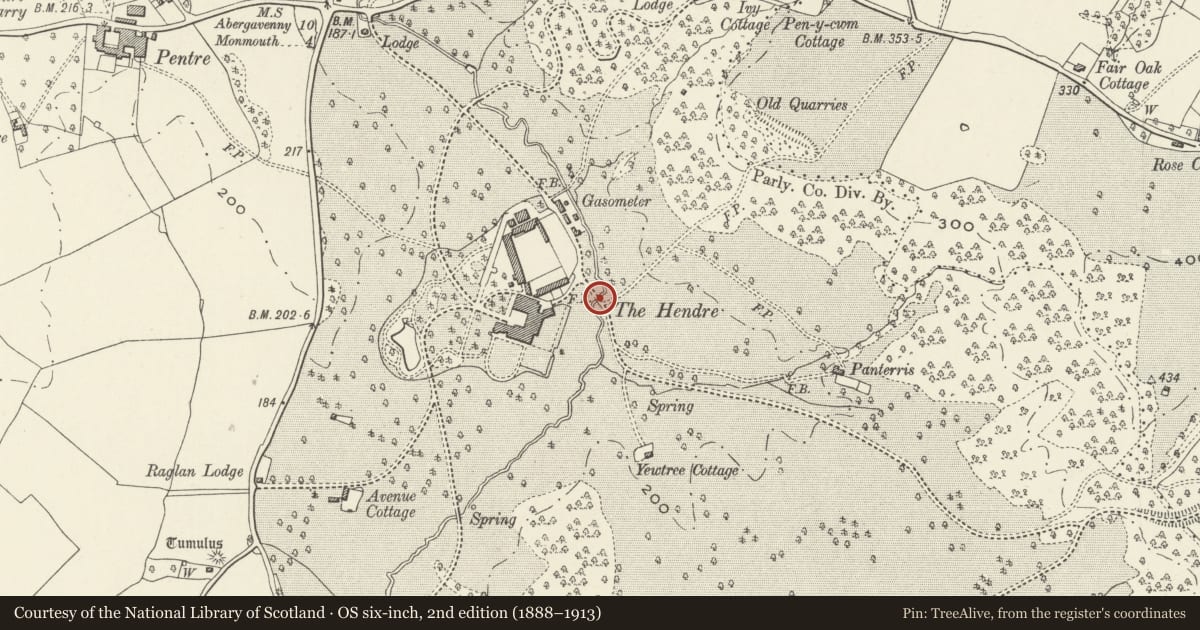 Ordnance Survey six-inch map, 2nd edition (1888–1913) covering the location of Ornamental bridge in the grounds of The Hendre, Whitecastle, Monmouthshire, with a pin at the register's coordinates