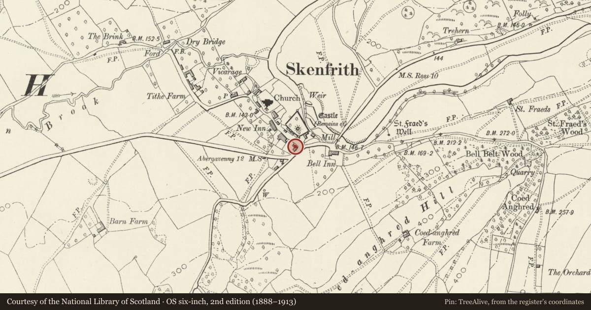 Ordnance Survey six-inch map, 2nd edition (1888–1913) covering the location of Mill House, Skenfrith, Monmouthshire, with a pin at the register's coordinates