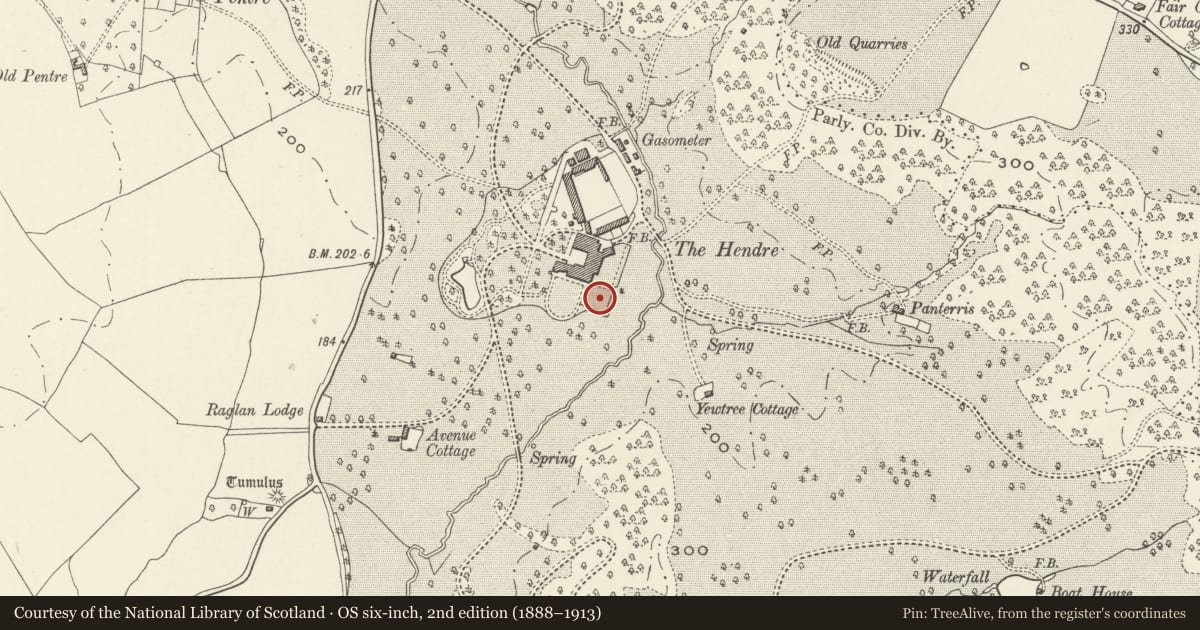 Ordnance Survey six-inch map, 2nd edition (1888–1913) covering the location of Garden pond with fountain in former rose garden at The Hendre, Whitecastle, Monmouthshire, with a pin at the register's coordinates