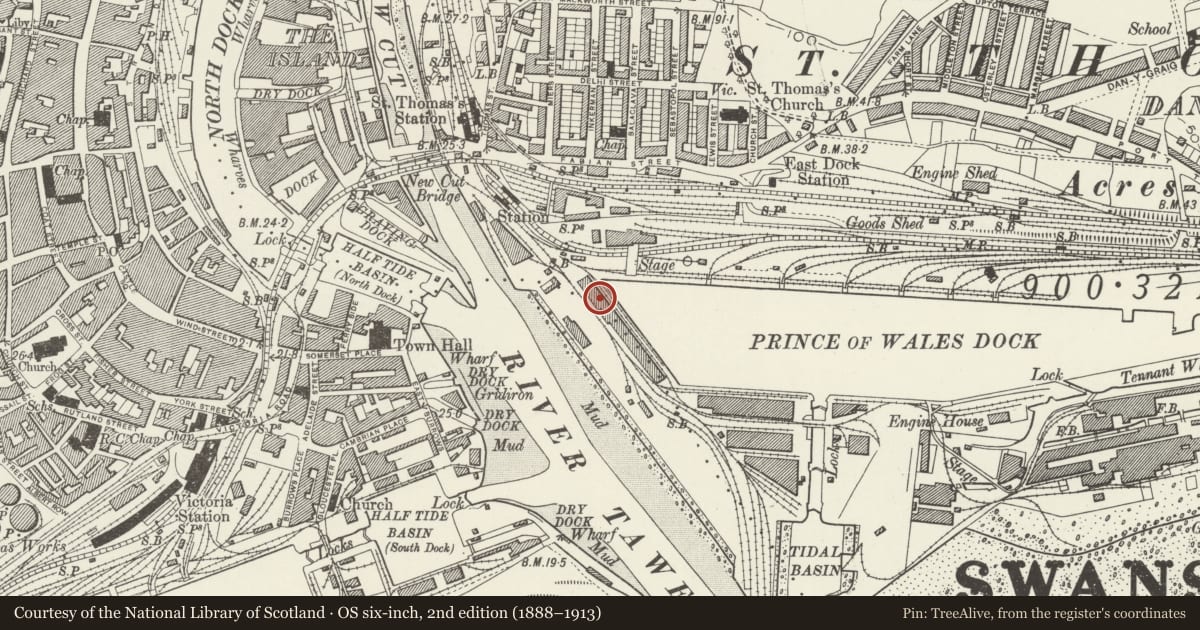 Ordnance Survey six-inch map, 2nd edition (1888–1913) covering the location of J-Shed Warehouse, Waterfront/Y Glannau, Swansea, with a pin at the register's coordinates