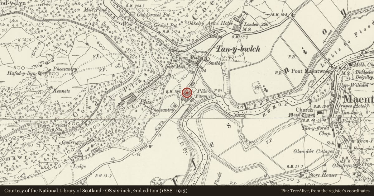 Ordnance Survey six-inch map, 2nd edition (1888–1913) covering the location of Hay Barn adjacent to Yr Hen Ysgubor and Crochendy Twrog, Maentwrog, Gwynedd, with a pin at the register's coordinates