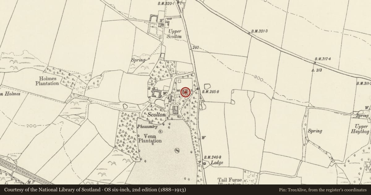 Ordnance Survey six-inch map, 2nd edition (1888–1913) covering the location of Stable court at Scolton Manor, Spittal, Pembrokeshire, with a pin at the register's coordinates