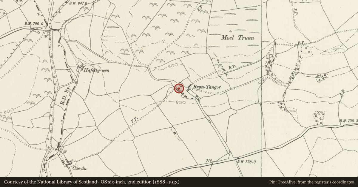 Ordnance Survey six-inch map, 2nd edition (1888–1913) covering the location of Former Farmhouse at Bryn Tangor, Bryneglwys, Denbighshire, with a pin at the register's coordinates