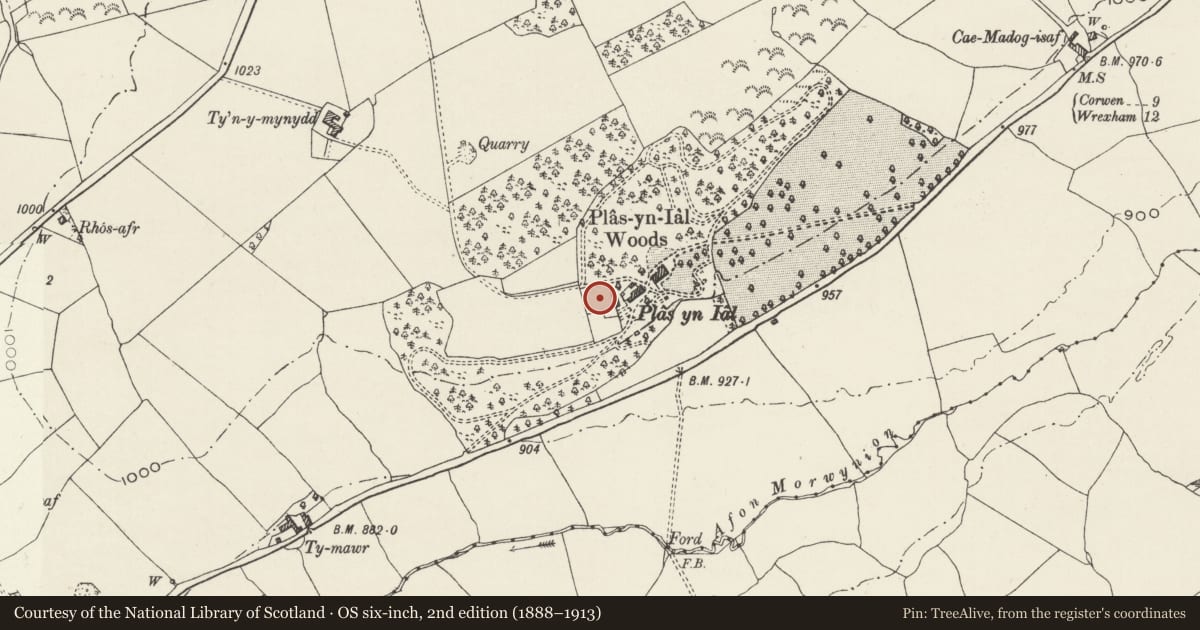 Ordnance Survey six-inch map, 2nd edition (1888–1913) covering the location of Statue of a Roman in walled garden at Plas-yn-Iâl, Bryneglwys, Denbighshire, with a pin at the register's coordinates