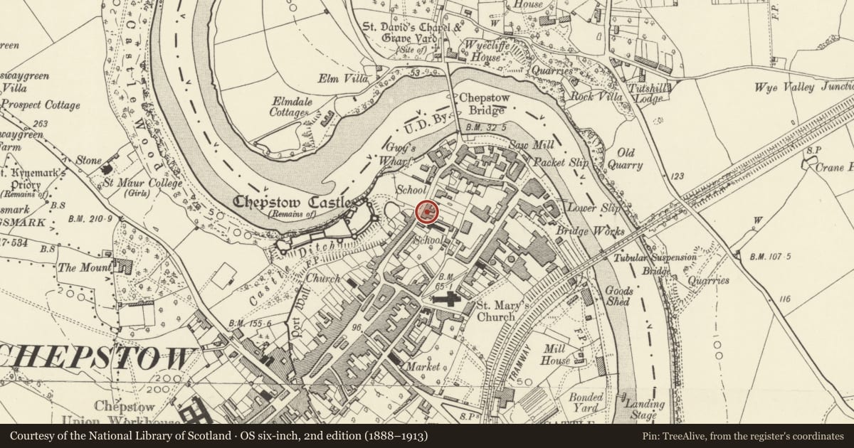 Ordnance Survey six-inch map, 2nd edition (1888–1913) covering the location of 13 Bridge Street, Chepstow, Monmouthshire, with a pin at the register's coordinates
