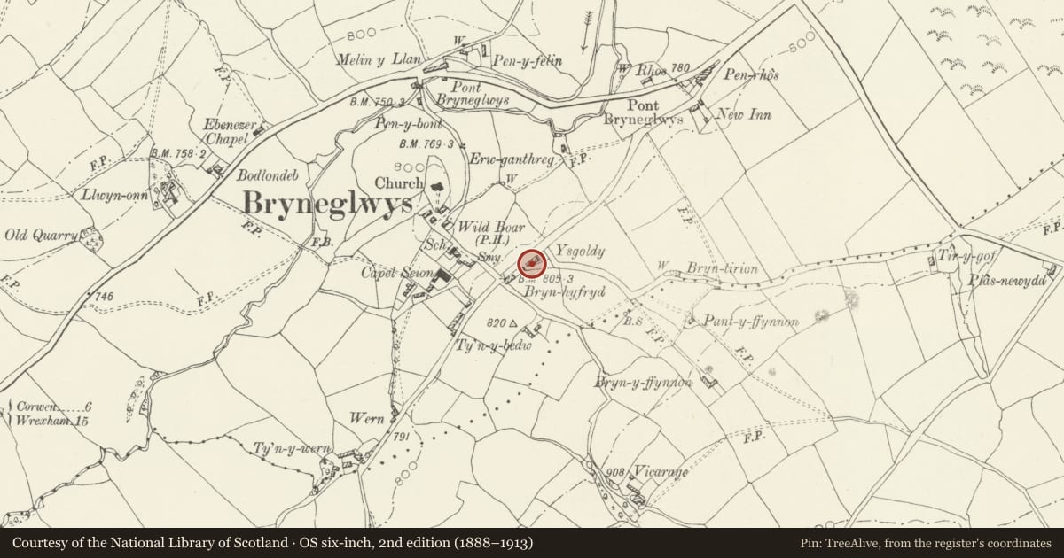 Ordnance Survey six-inch map, 2nd edition (1888–1913) covering the location of Former Village School, Bryneglwys, Denbighshire, with a pin at the register's coordinates
