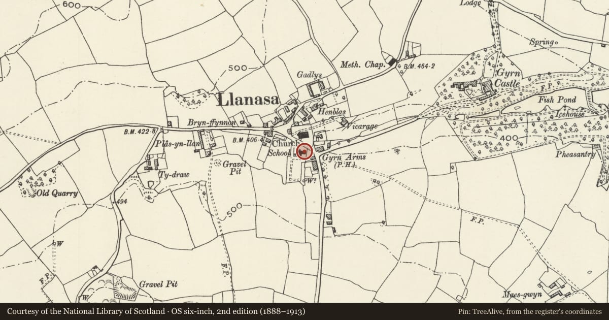 Ordnance Survey six-inch map, 2nd edition (1888–1913) covering the location of Llanasa Village Hall, Flintshire, with a pin at the register's coordinates
