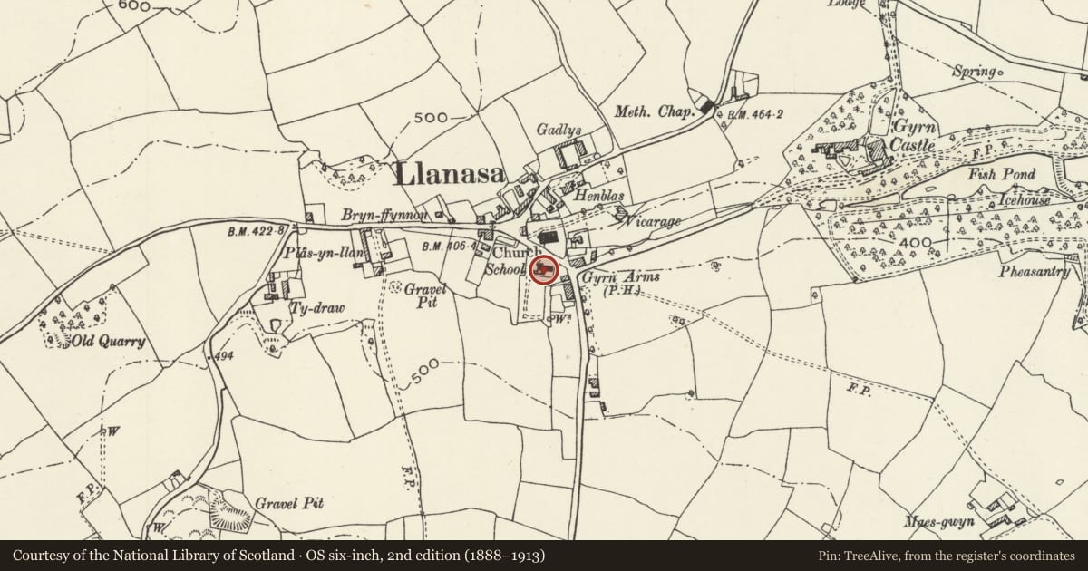 Ordnance Survey six-inch map, 2nd edition (1888–1913) covering the location of School House, Llanasa, Flintshire, with a pin at the register's coordinates