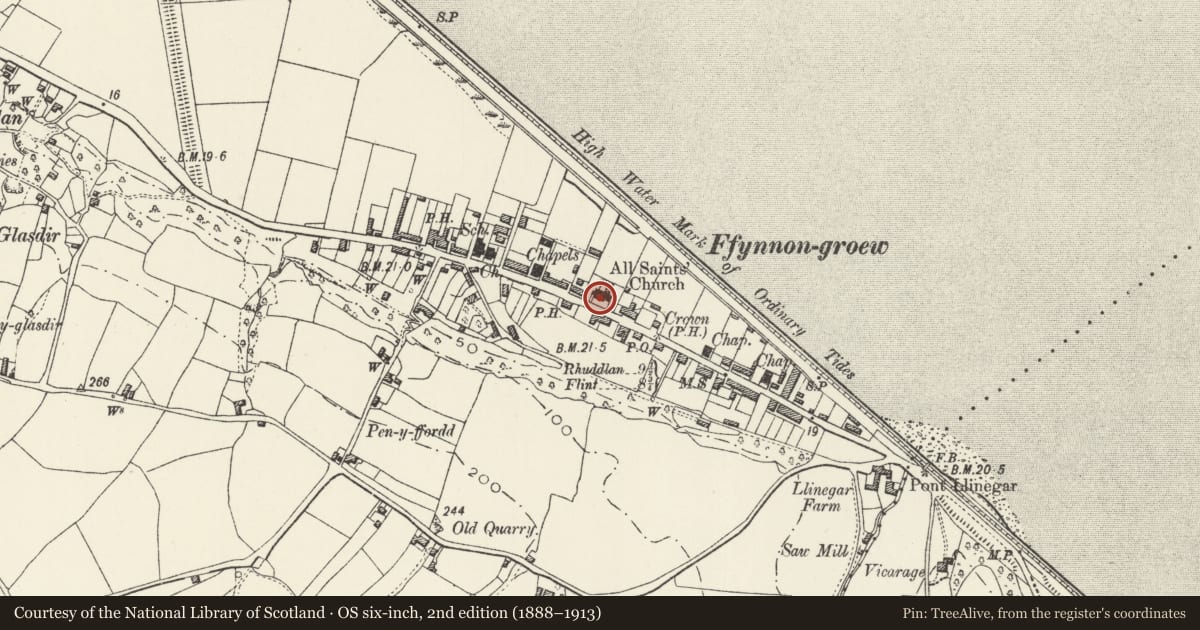 Ordnance Survey six-inch map, 2nd edition (1888–1913) covering the location of Church of All Saints, Llanasa, Flintshire, with a pin at the register's coordinates