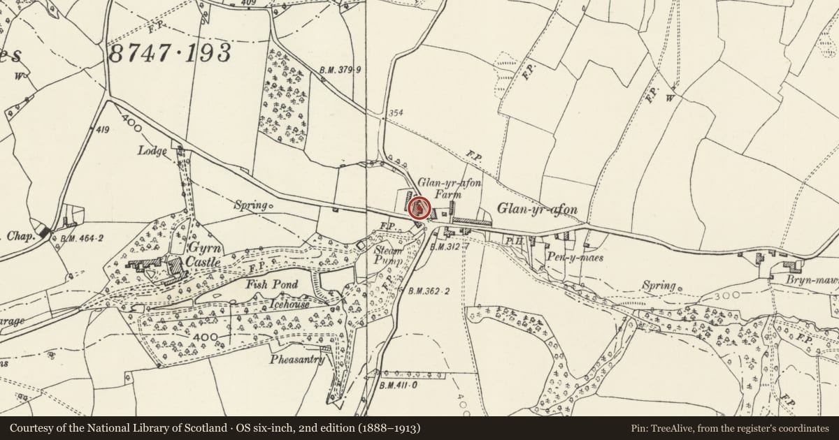 Ordnance Survey six-inch map, 2nd edition (1888–1913) covering the location of Glanyrafon Farmhouse, Llanasa, Flintshire, with a pin at the register's coordinates