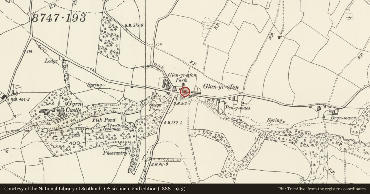 Ordnance Survey six-inch map, 2nd edition (1888–1913) covering the location of 3 Glanyrafon Cottages, Llanasa, Flintshire, with a pin at the register's coordinates