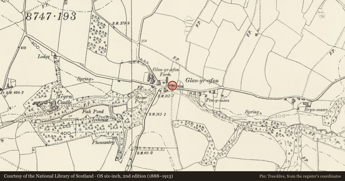 Ordnance Survey six-inch map, 2nd edition (1888–1913) covering the location of 7 Glanyrafon Cottages, Llanasa, Flintshire, with a pin at the register's coordinates